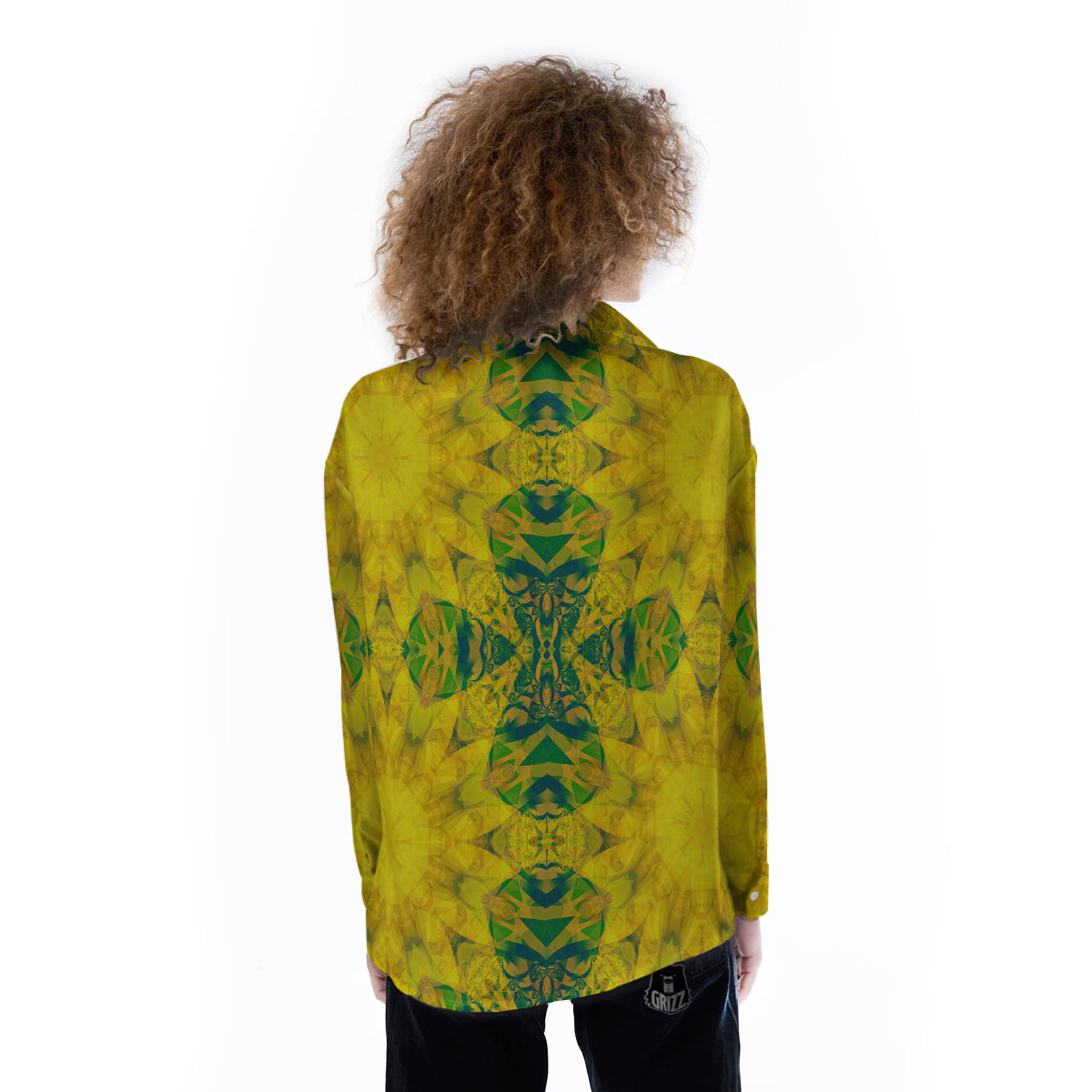 Kaleidoscope Flower Yellow Print Pattern Women's Long Sleeve Shirts-grizzshop