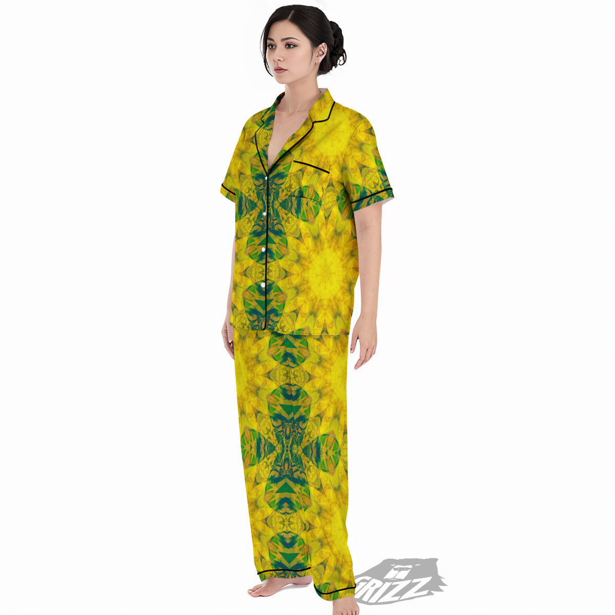 Kaleidoscope Flower Yellow Print Pattern Women's Pajamas Set-grizzshop