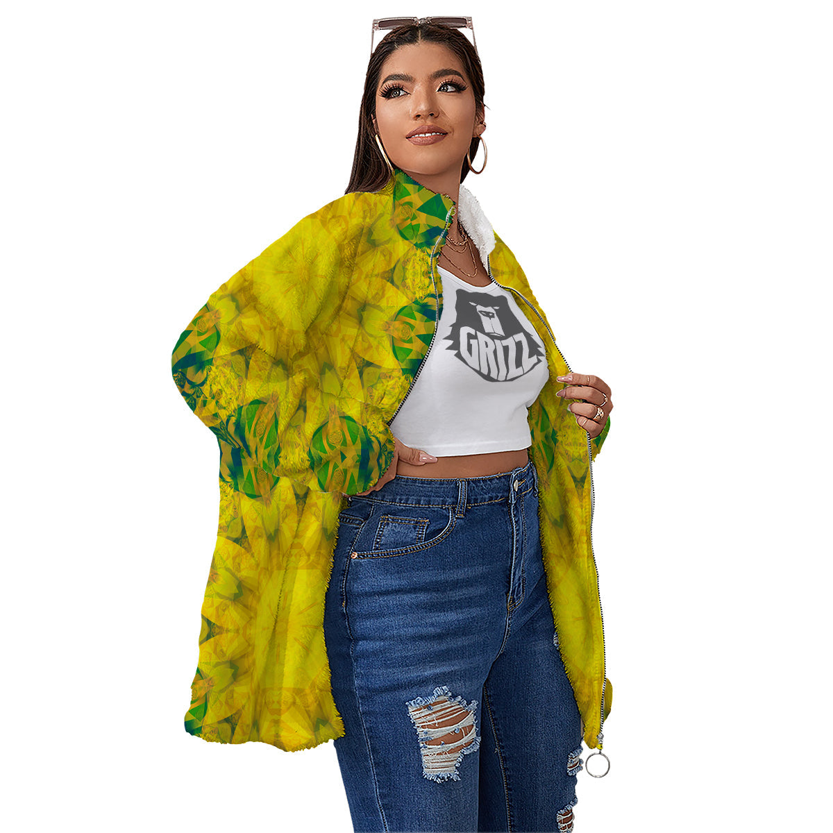 Kaleidoscope Flower Yellow Print Pattern Women's Sherpa Jacket-grizzshop