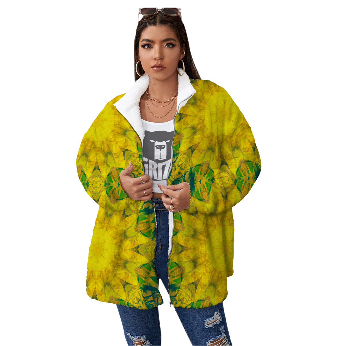 Kaleidoscope Flower Yellow Print Pattern Women's Sherpa Jacket-grizzshop