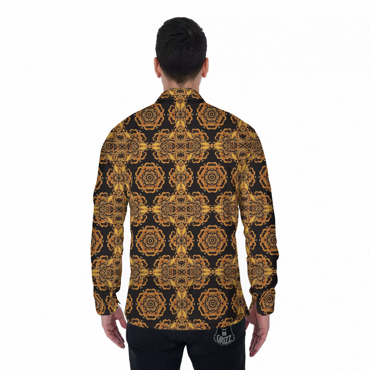 Kaleidoscope Gold Print Men's Long Sleeve Shirts-grizzshop