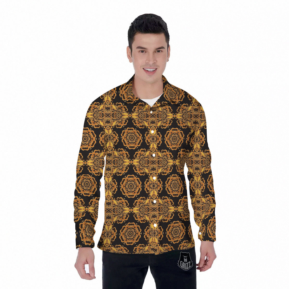 Kaleidoscope Gold Print Men's Long Sleeve Shirts-grizzshop