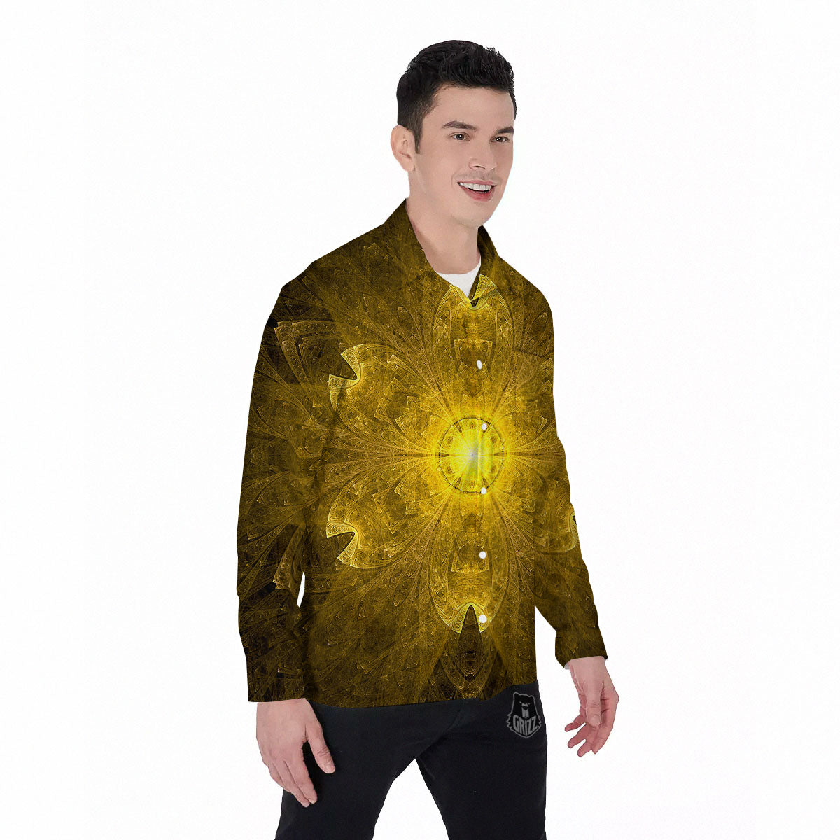 Kaleidoscope Golden Print Men's Long Sleeve Shirts-grizzshop