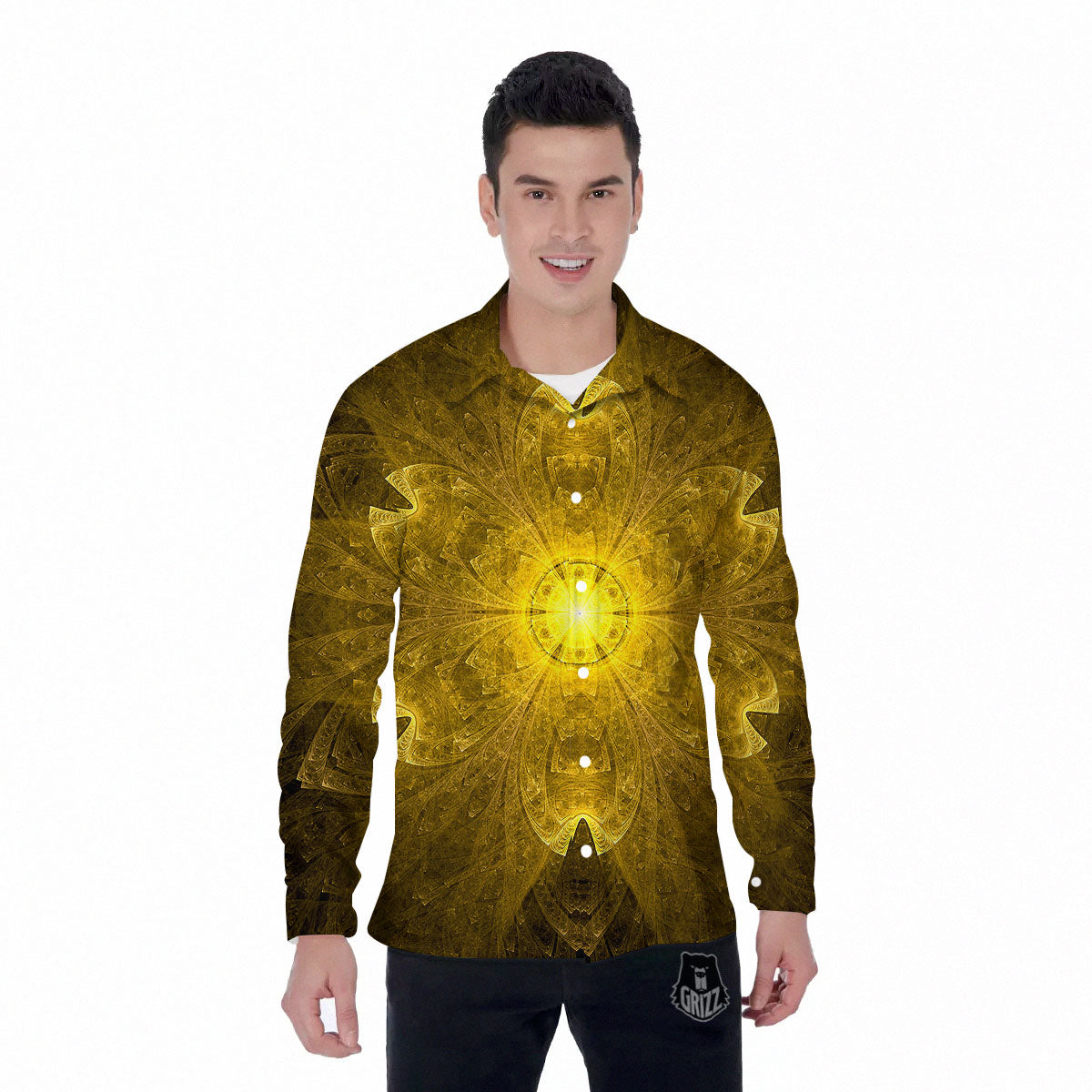 Kaleidoscope Golden Print Men's Long Sleeve Shirts-grizzshop