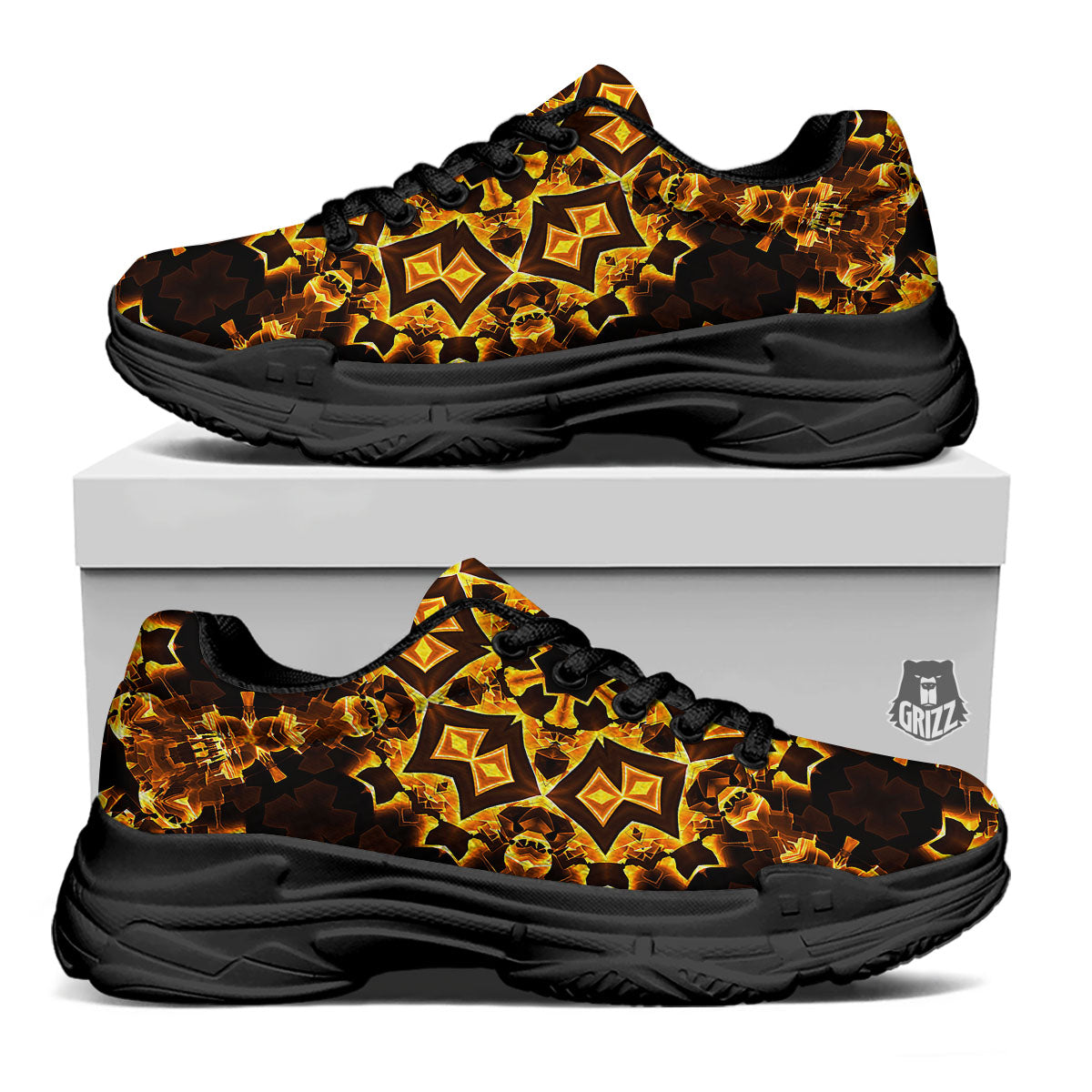 Kaleidoscope Lights Gold Print Black Chunky Shoes-grizzshop