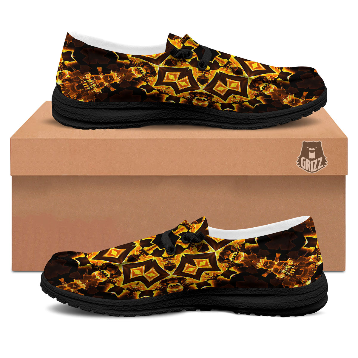 Kaleidoscope Lights Gold Print Black Loafers-grizzshop