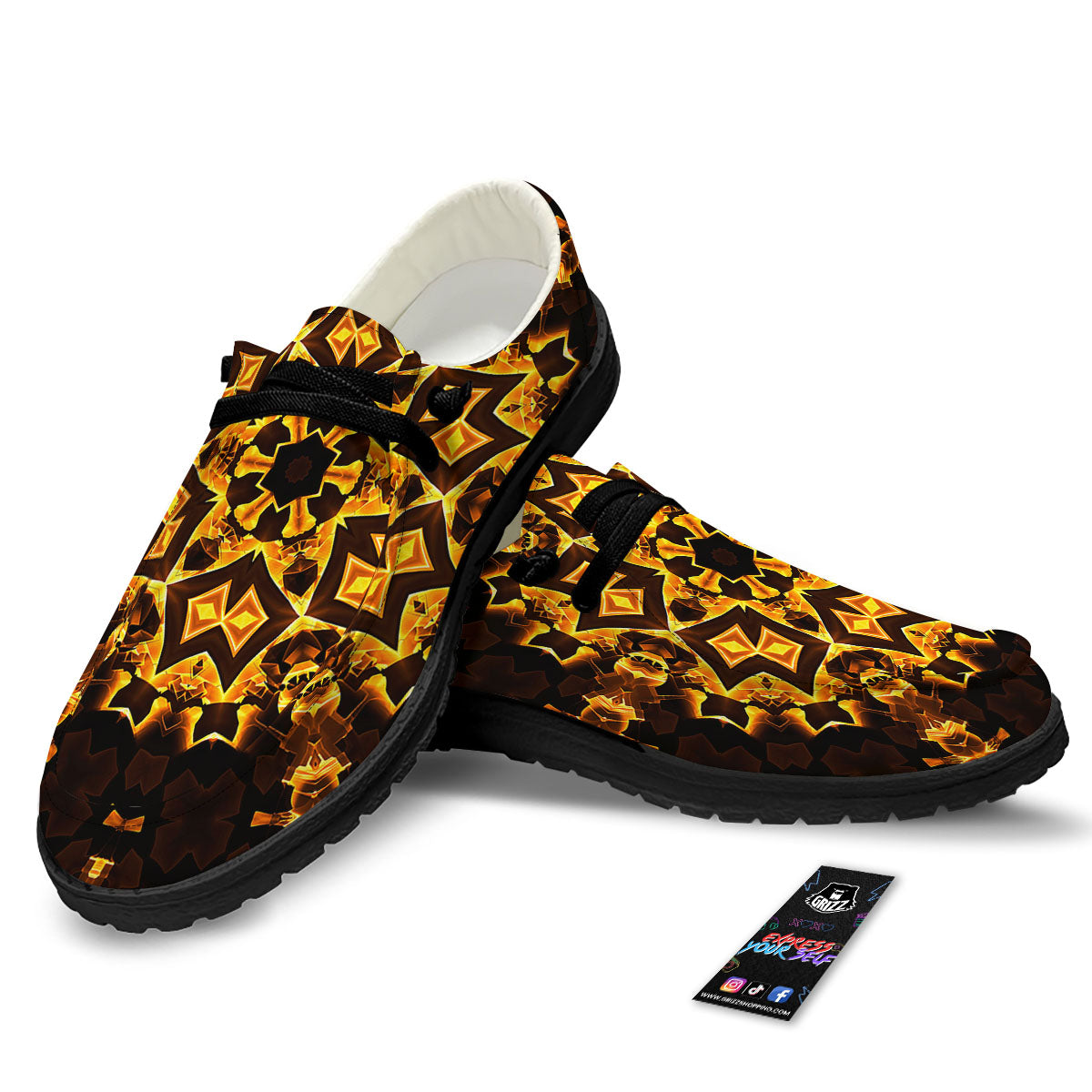 Kaleidoscope Lights Gold Print Black Loafers-grizzshop