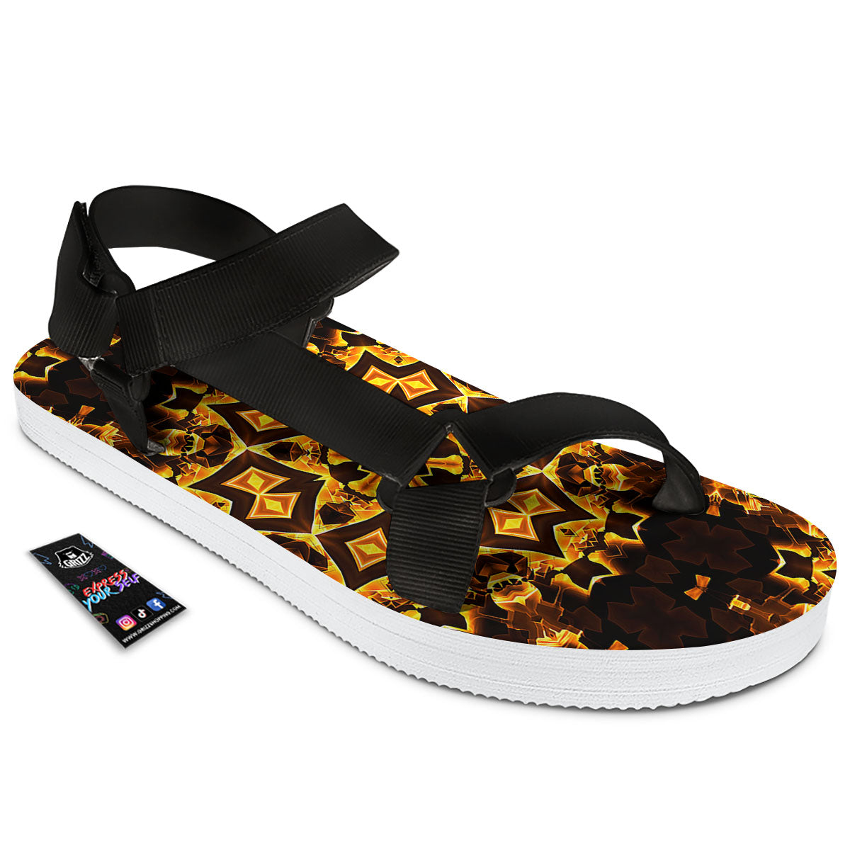 Kaleidoscope Lights Gold Print Black Open Toe Sandals-grizzshop