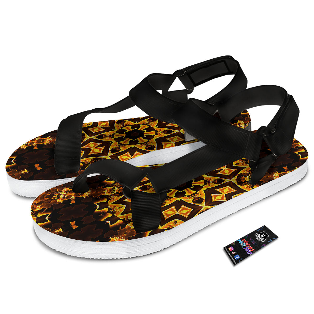 Kaleidoscope Lights Gold Print Black Open Toe Sandals-grizzshop