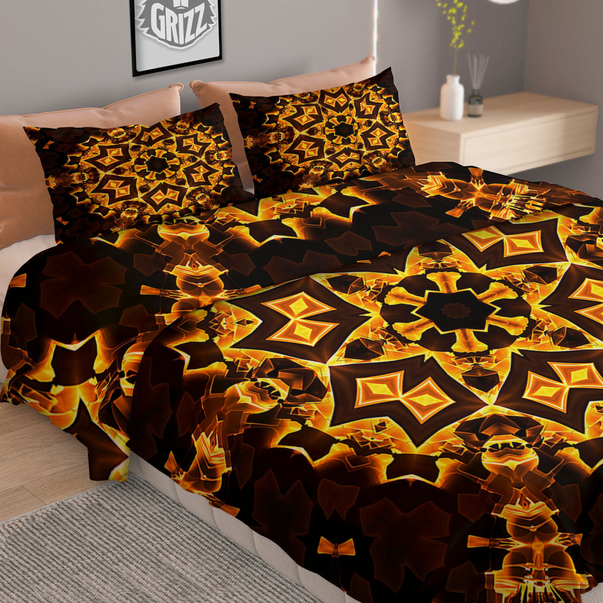 Kaleidoscope Lights Gold Print Duvet Cover Bedding Set
