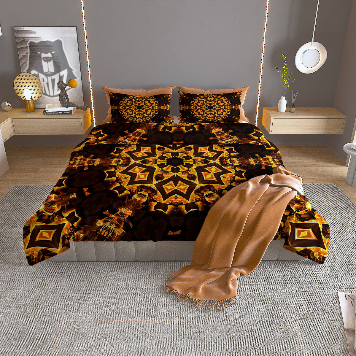 Kaleidoscope Lights Gold Print Duvet Cover Bedding Set