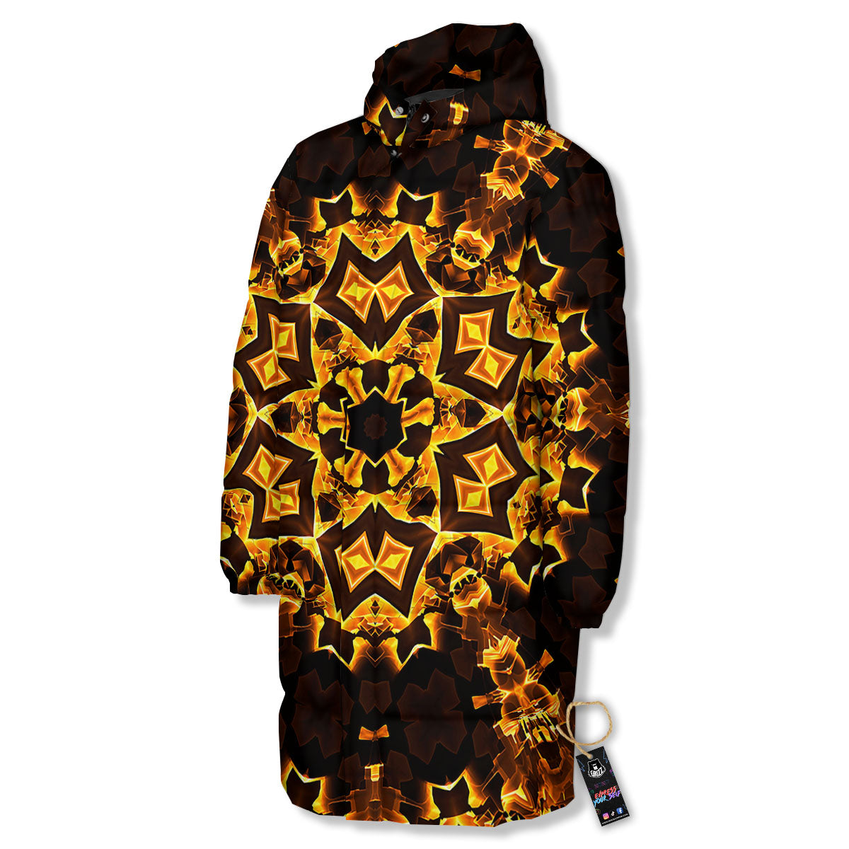 Kaleidoscope Lights Gold Print Long Down Jacket-grizzshop