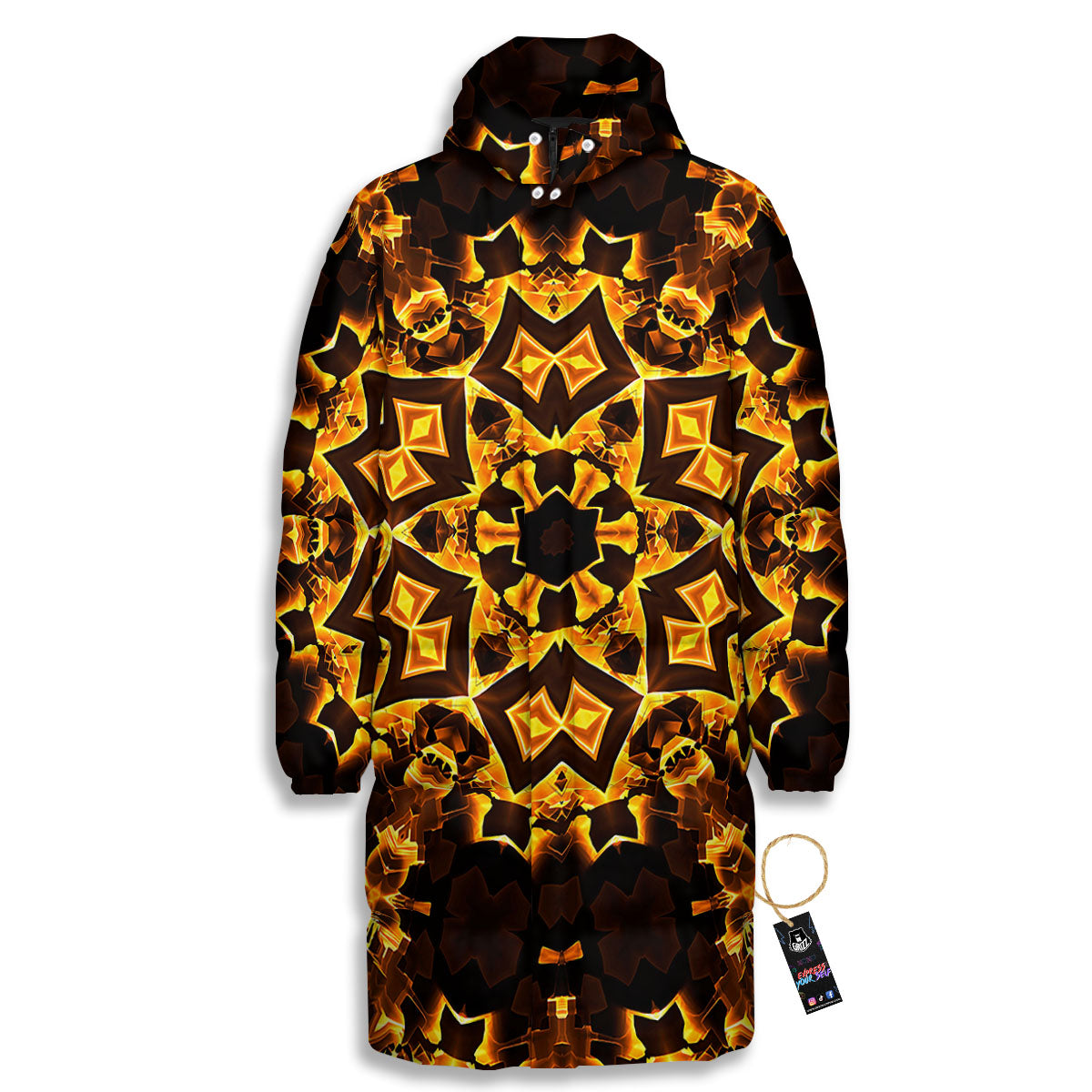 Kaleidoscope Lights Gold Print Long Down Jacket-grizzshop