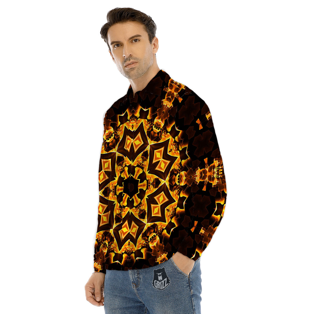 Kaleidoscope Lights Gold Print Men's Dress Shirts-grizzshop