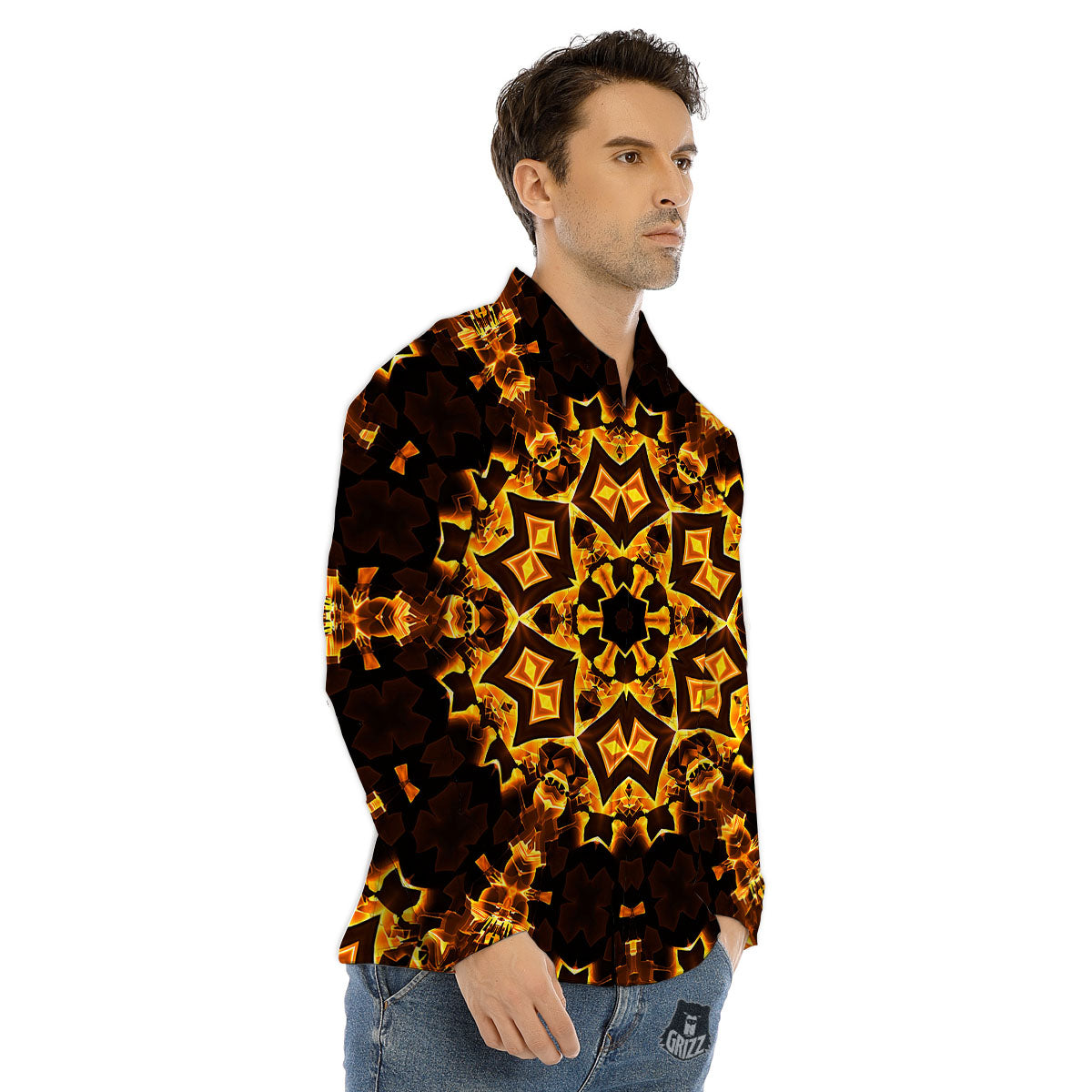 Kaleidoscope Lights Gold Print Men's Dress Shirts-grizzshop