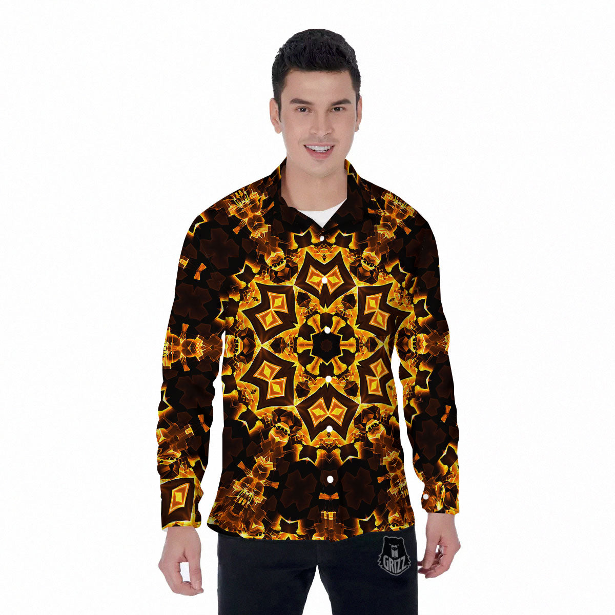 Kaleidoscope Lights Gold Print Men's Long Sleeve Shirts-grizzshop
