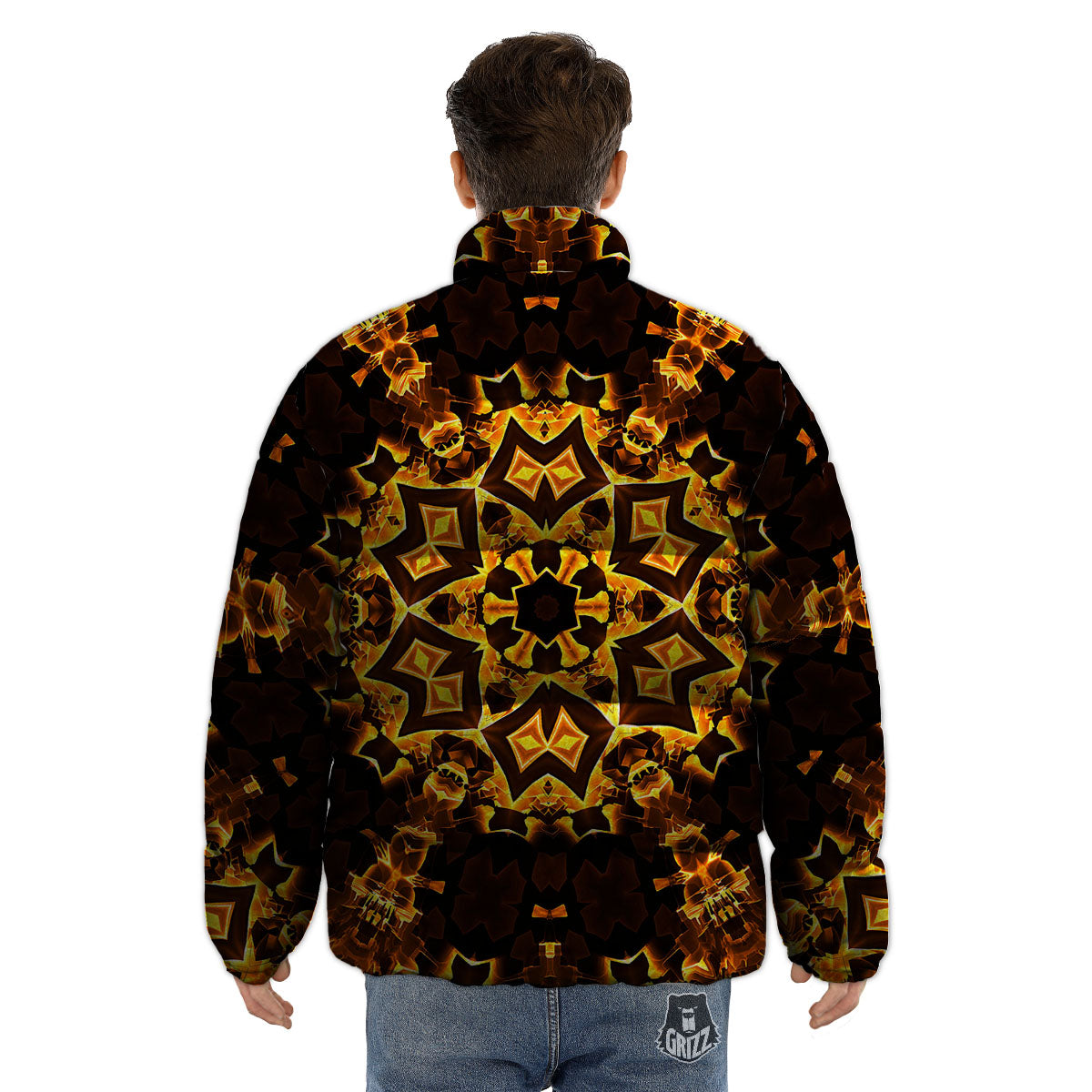 Kaleidoscope Lights Gold Print Puffer Jacket-grizzshop