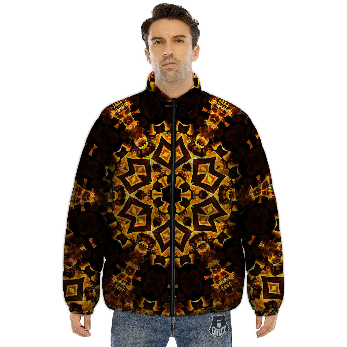 Kaleidoscope Lights Gold Print Puffer Jacket-grizzshop
