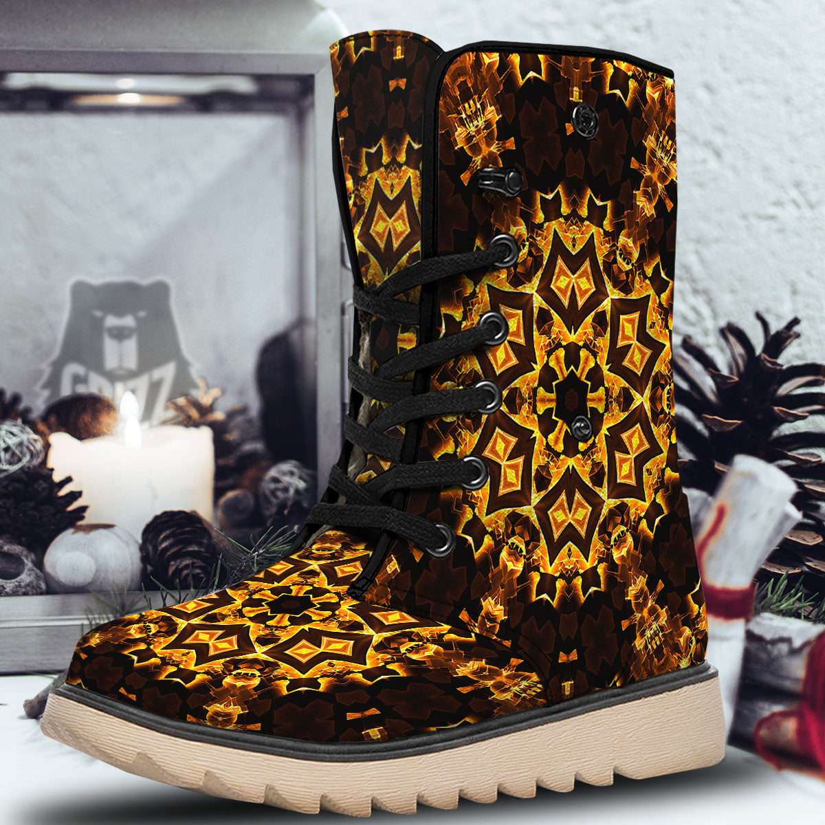 Kaleidoscope Lights Gold Print Snow Boots-grizzshop
