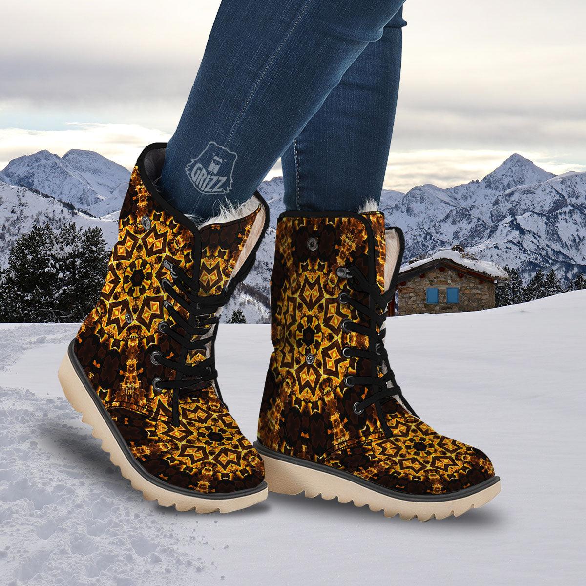 Kaleidoscope Lights Gold Print Snow Boots-grizzshop