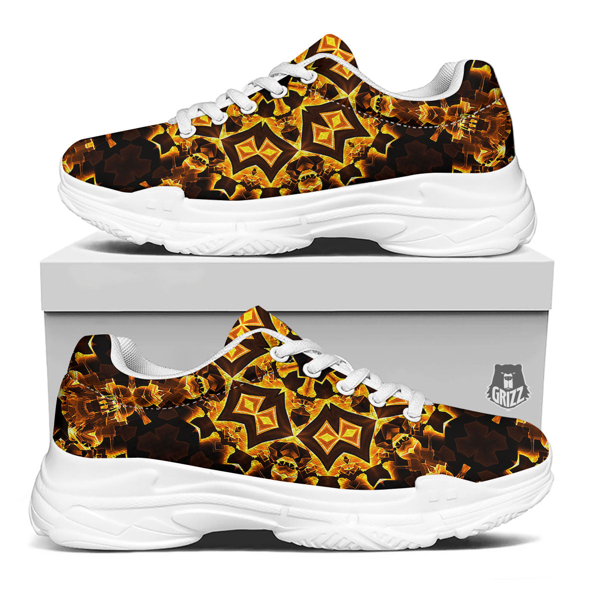 Kaleidoscope Lights Gold Print White Chunky Shoes-grizzshop