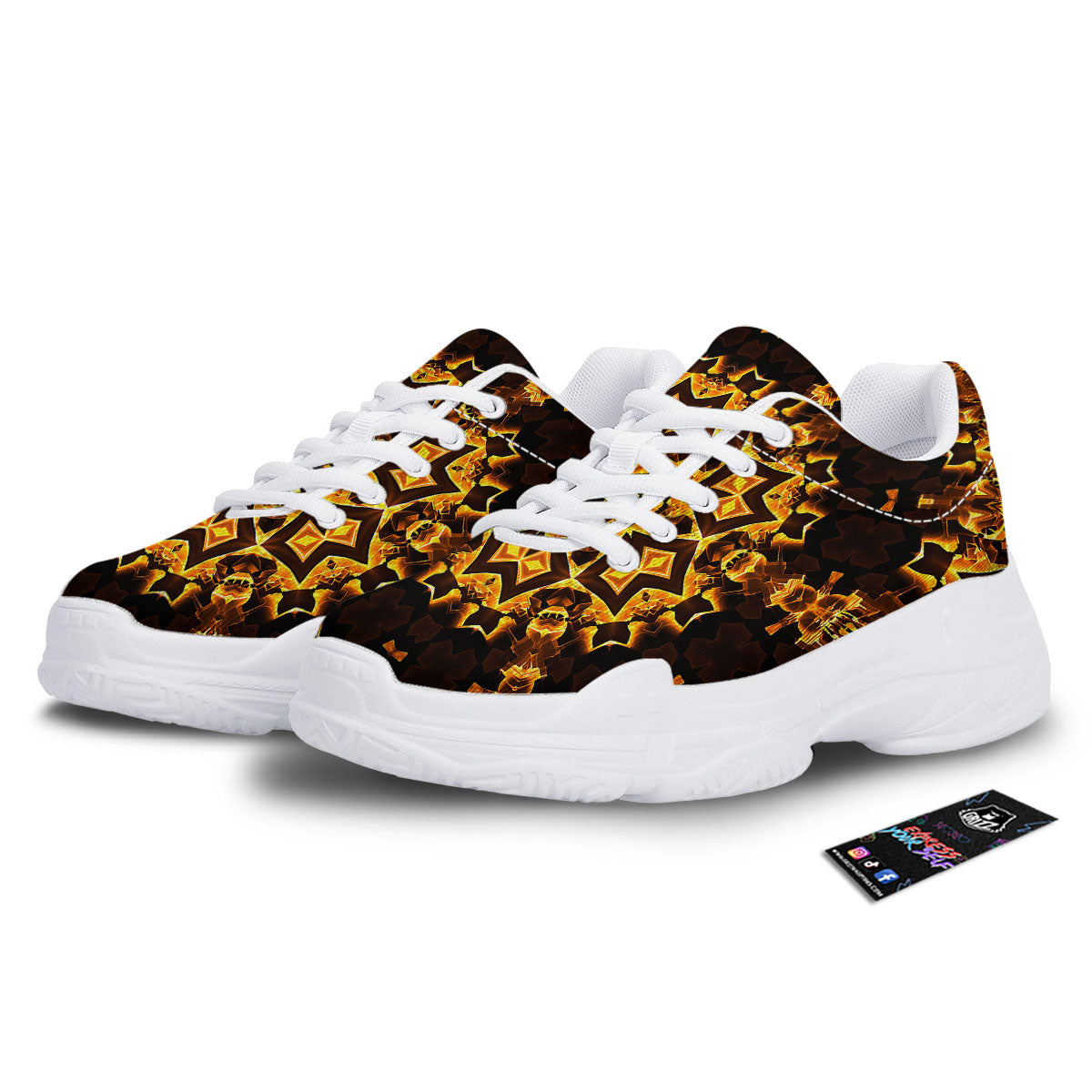 Kaleidoscope Lights Gold Print White Chunky Shoes-grizzshop