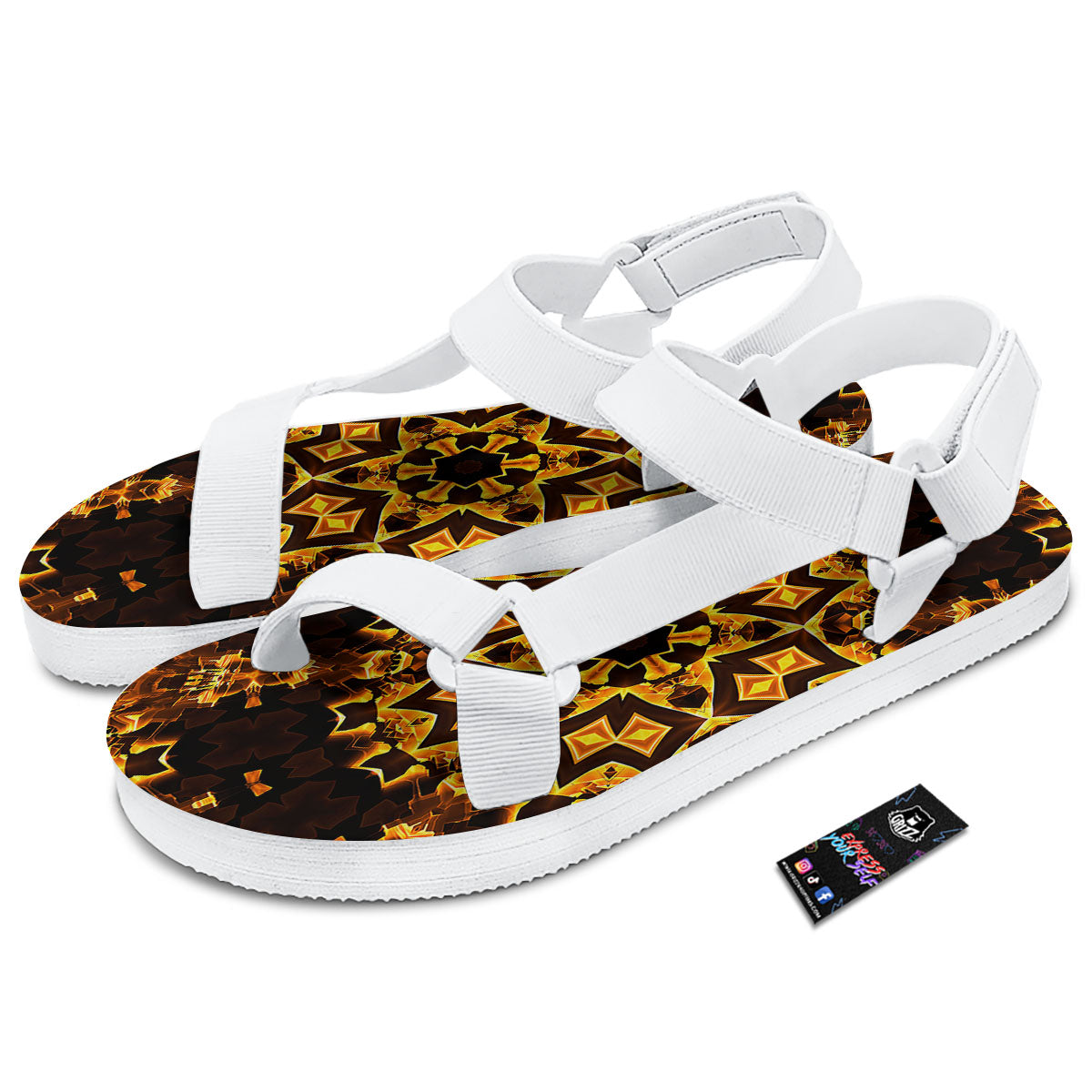 Kaleidoscope Lights Gold Print White Open Toe Sandals-grizzshop