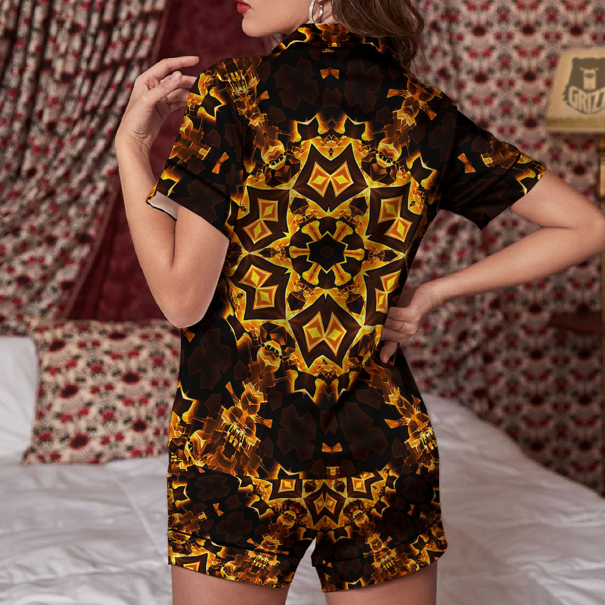 Kaleidoscope Lights Gold Print Women Silk Pajamas-grizzshop