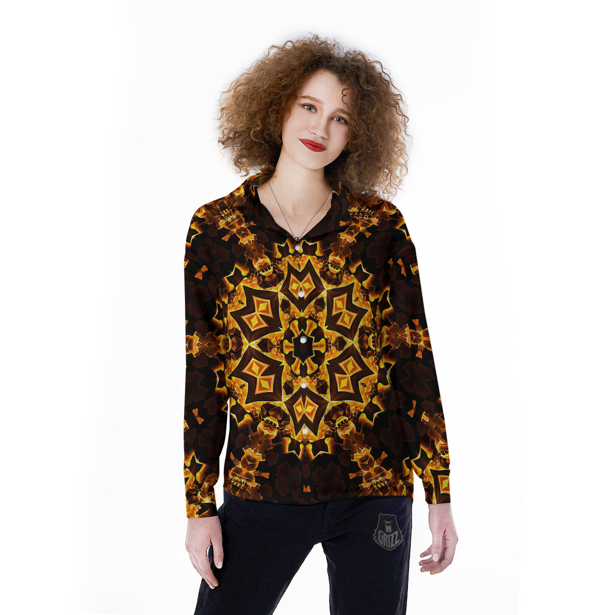Kaleidoscope Lights Gold Print Women's Long Sleeve Shirts-grizzshop