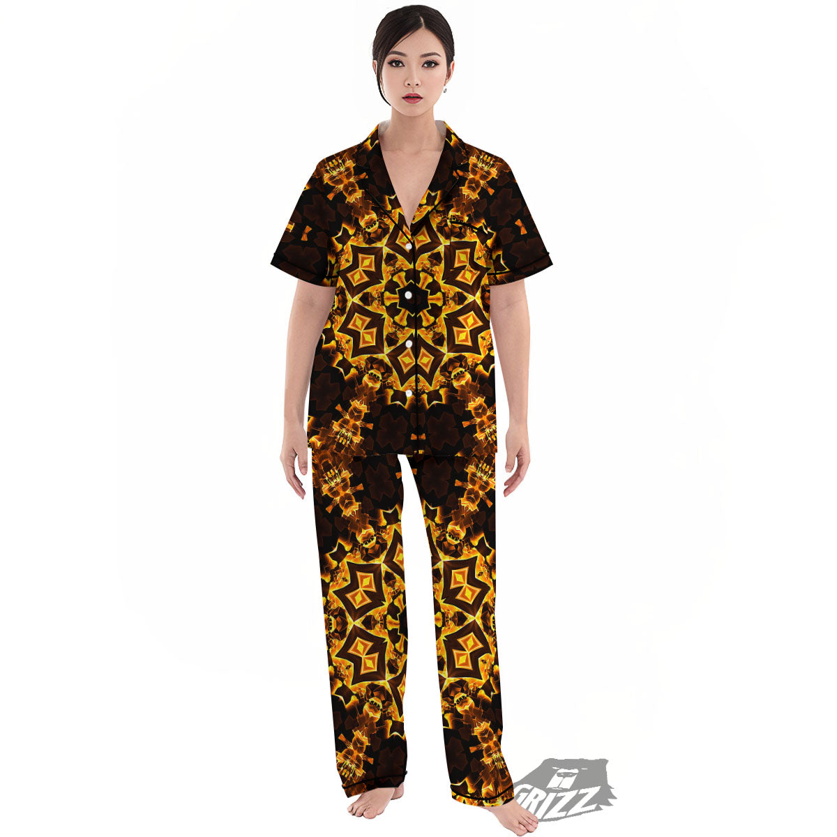 Kaleidoscope Lights Gold Print Women's Pajamas Set-grizzshop