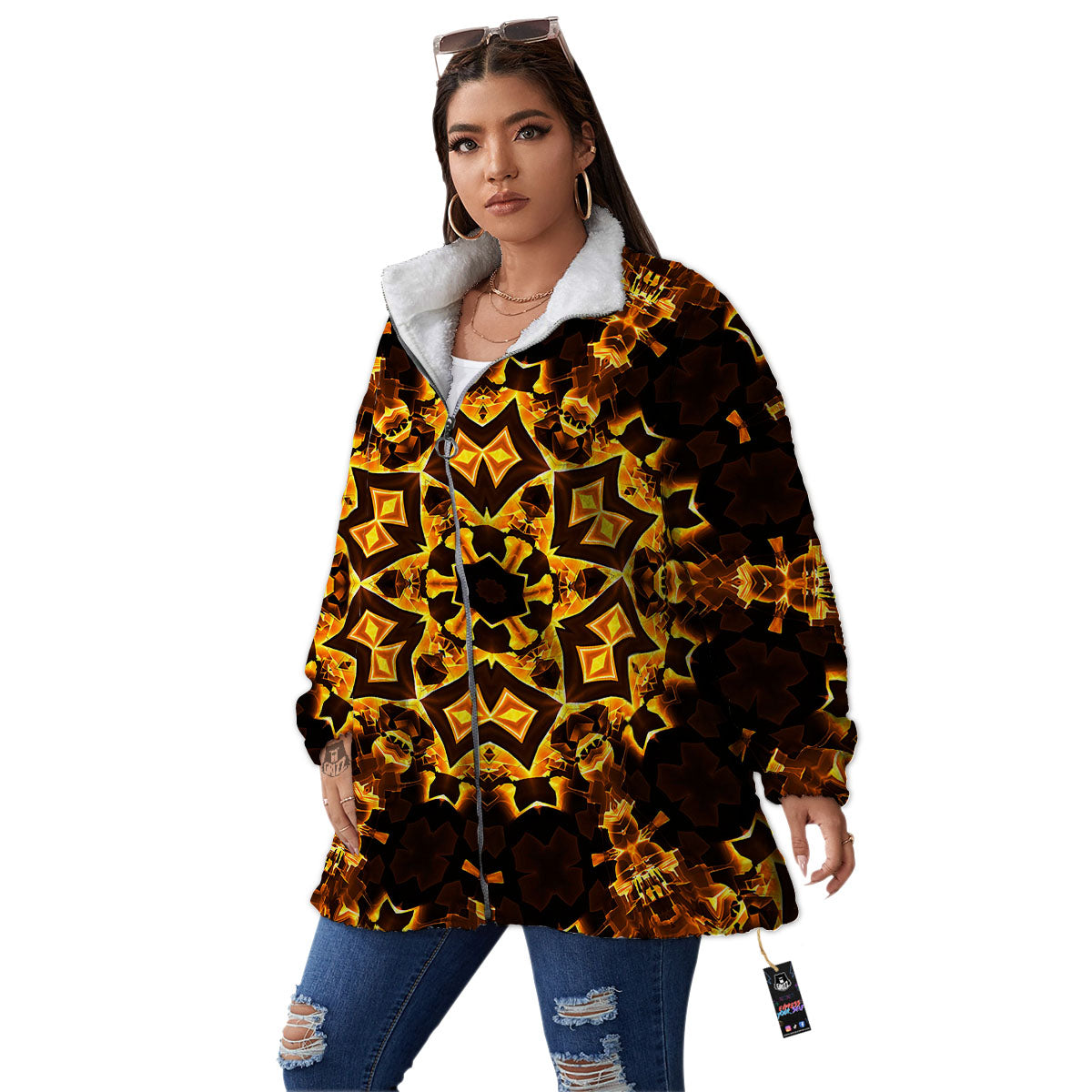 Kaleidoscope Lights Gold Print Women's Sherpa Jacket-grizzshop