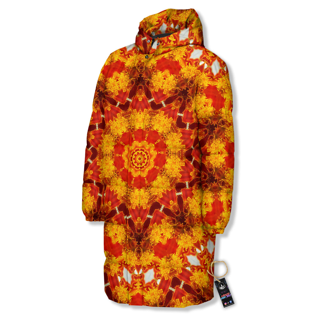 Kaleidoscope Orange Print Long Down Jacket-grizzshop