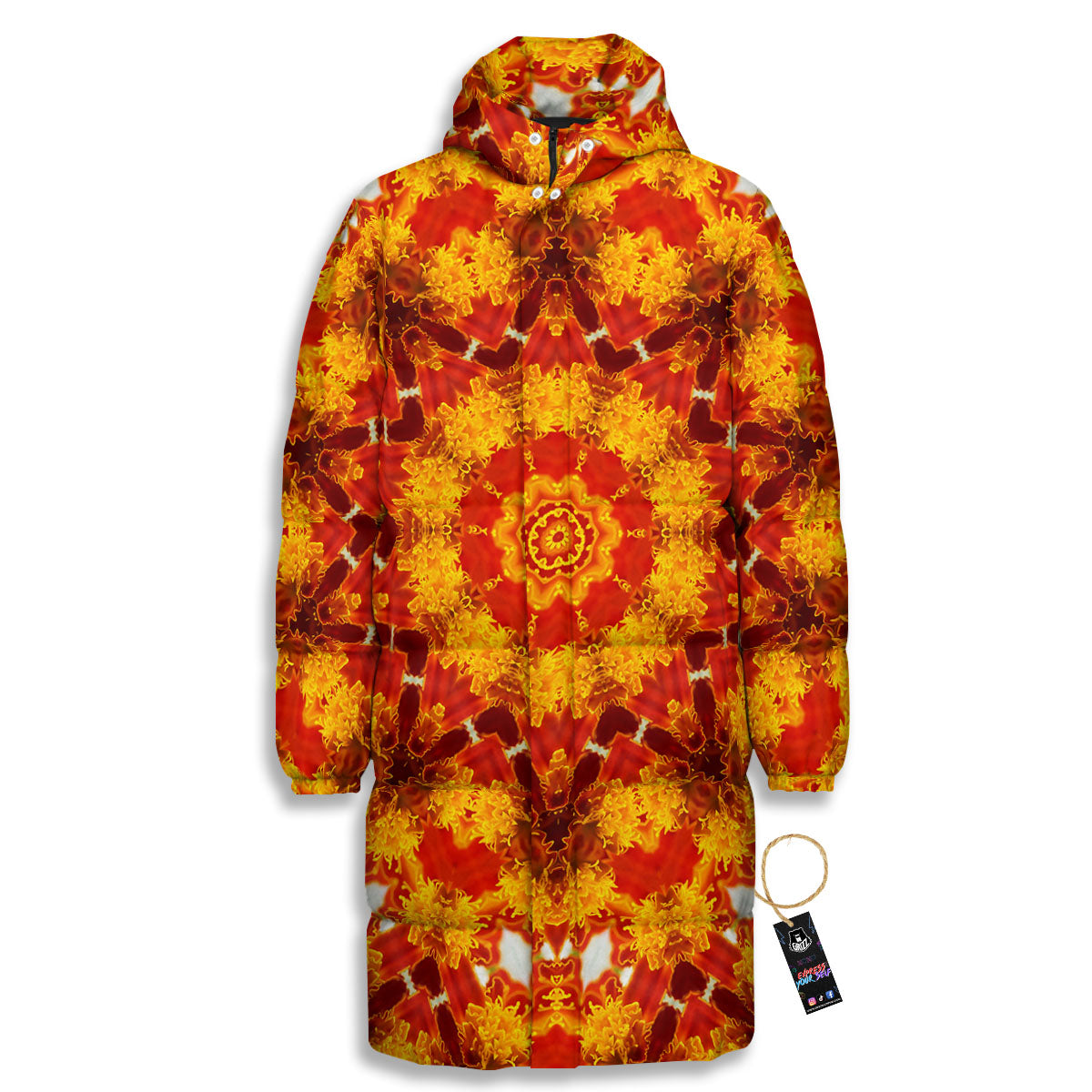Kaleidoscope Orange Print Long Down Jacket-grizzshop