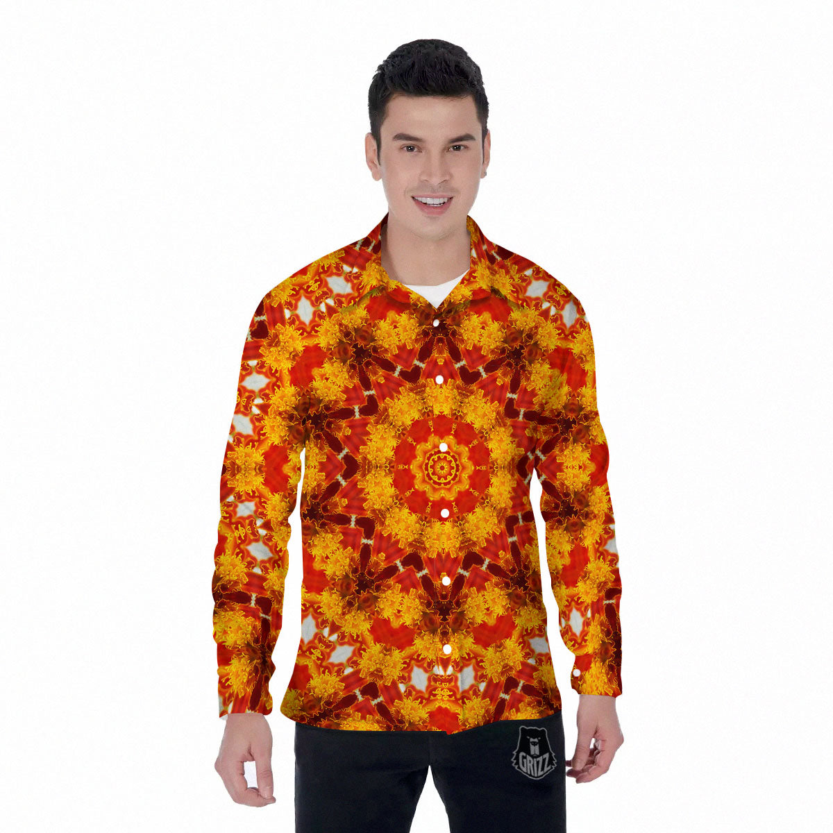 Kaleidoscope Orange Print Men's Long Sleeve Shirts-grizzshop