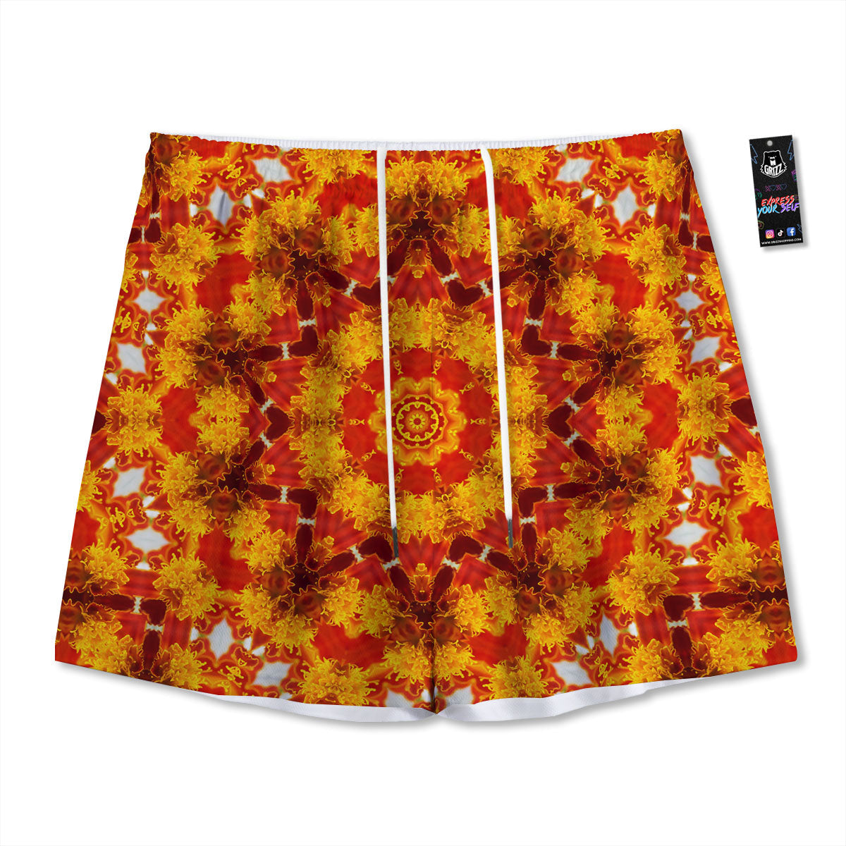 Kaleidoscope Orange Print Mesh Shorts