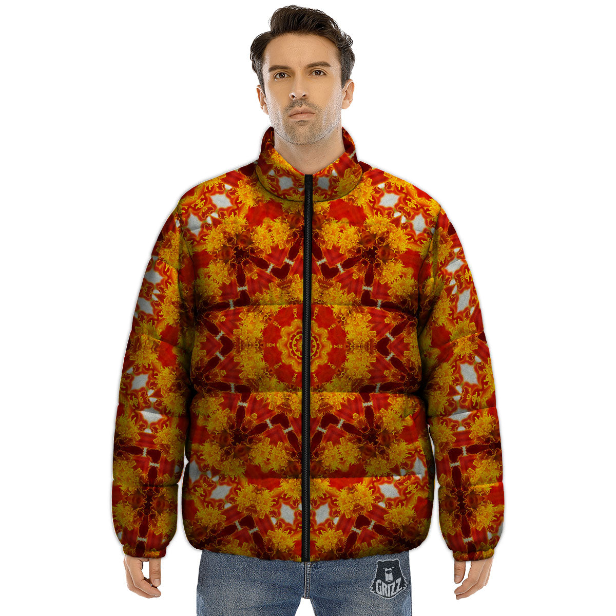 Kaleidoscope Orange Print Puffer Jacket-grizzshop