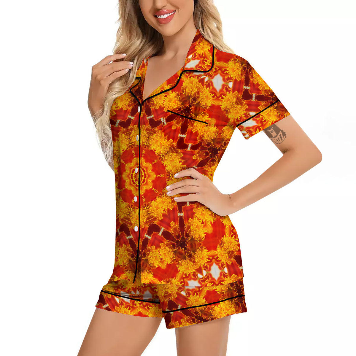 Kaleidoscope Orange Print Women Silk Pajamas-grizzshop