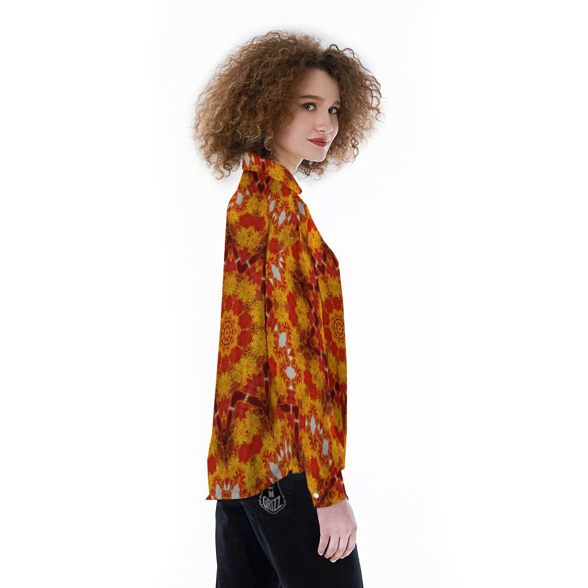 Kaleidoscope Orange Print Women's Long Sleeve Shirts-grizzshop