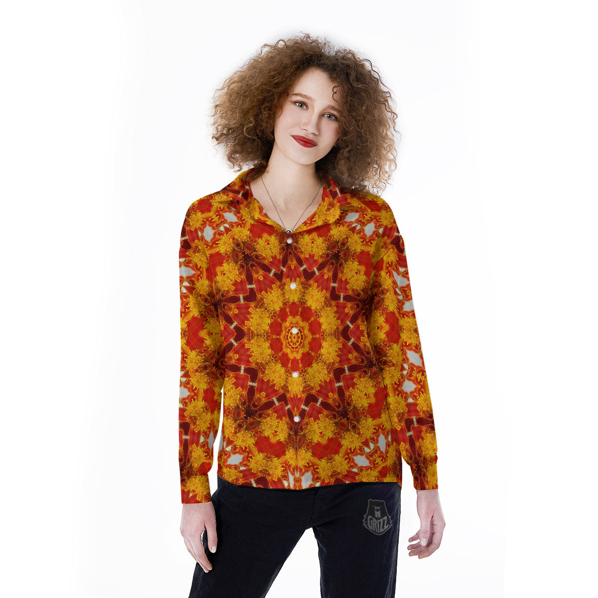 Kaleidoscope Orange Print Women's Long Sleeve Shirts-grizzshop