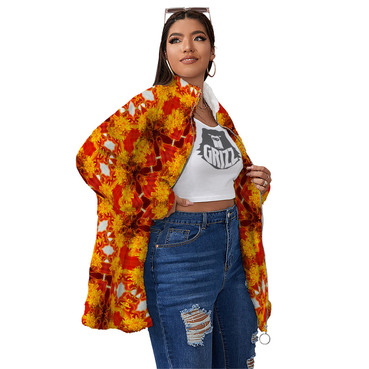 Kaleidoscope Orange Print Women's Sherpa Jacket-grizzshop