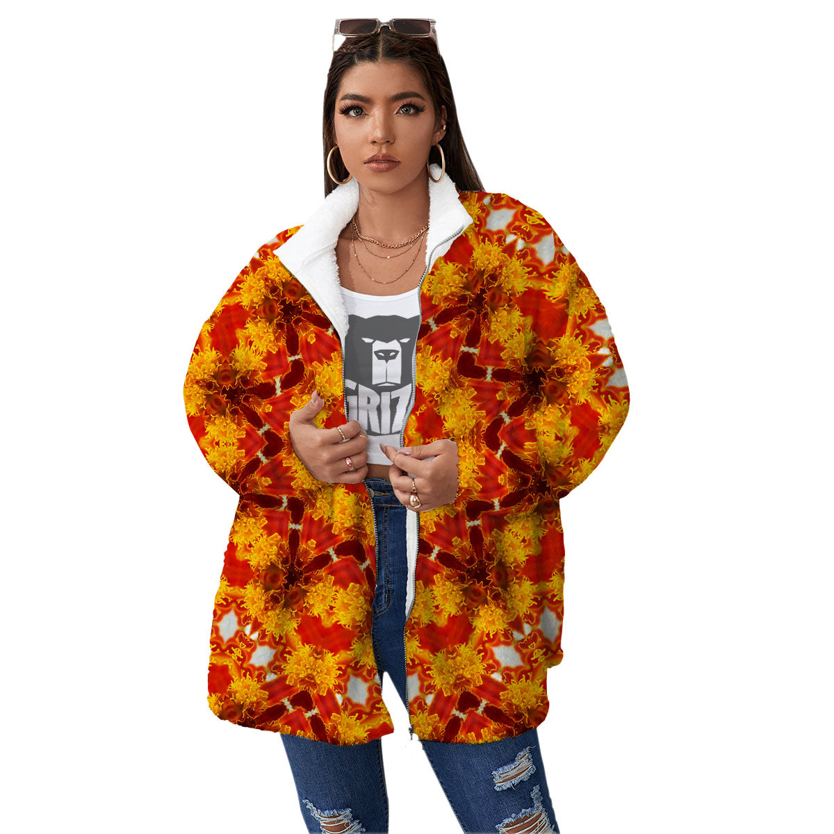 Kaleidoscope Orange Print Women's Sherpa Jacket-grizzshop