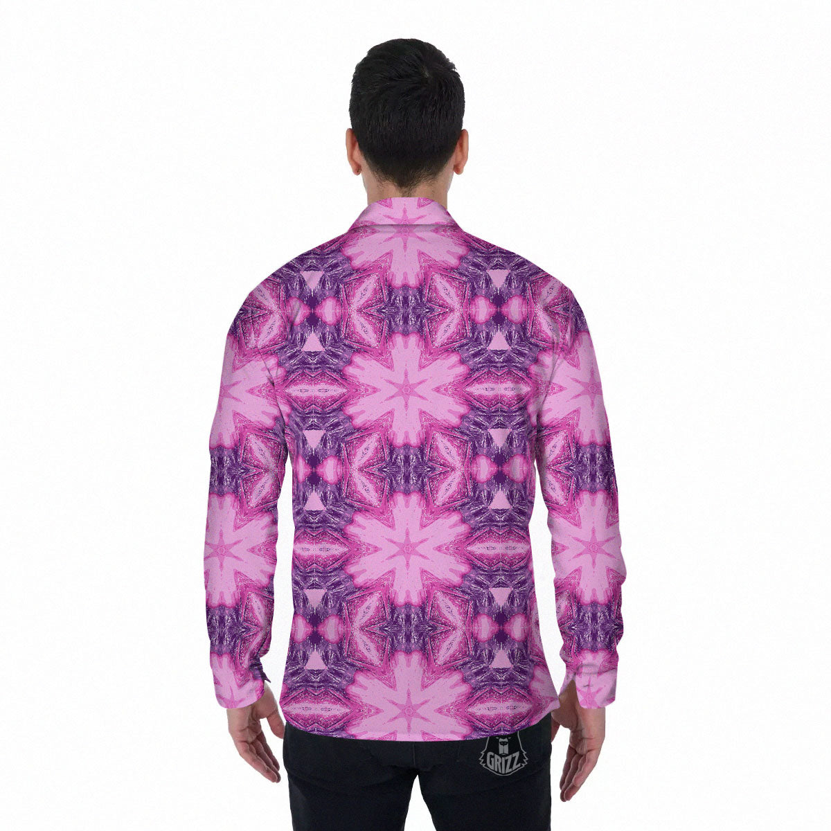 Kaleidoscope Pink Print Pattern Men's Long Sleeve Shirts-grizzshop