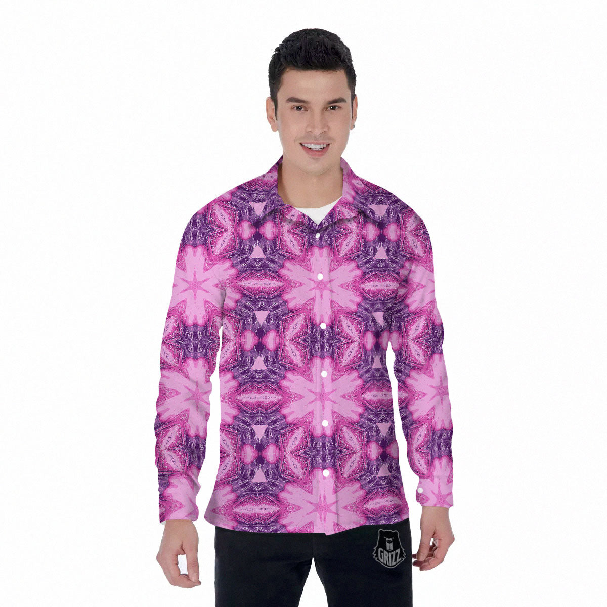 Kaleidoscope Pink Print Pattern Men's Long Sleeve Shirts-grizzshop
