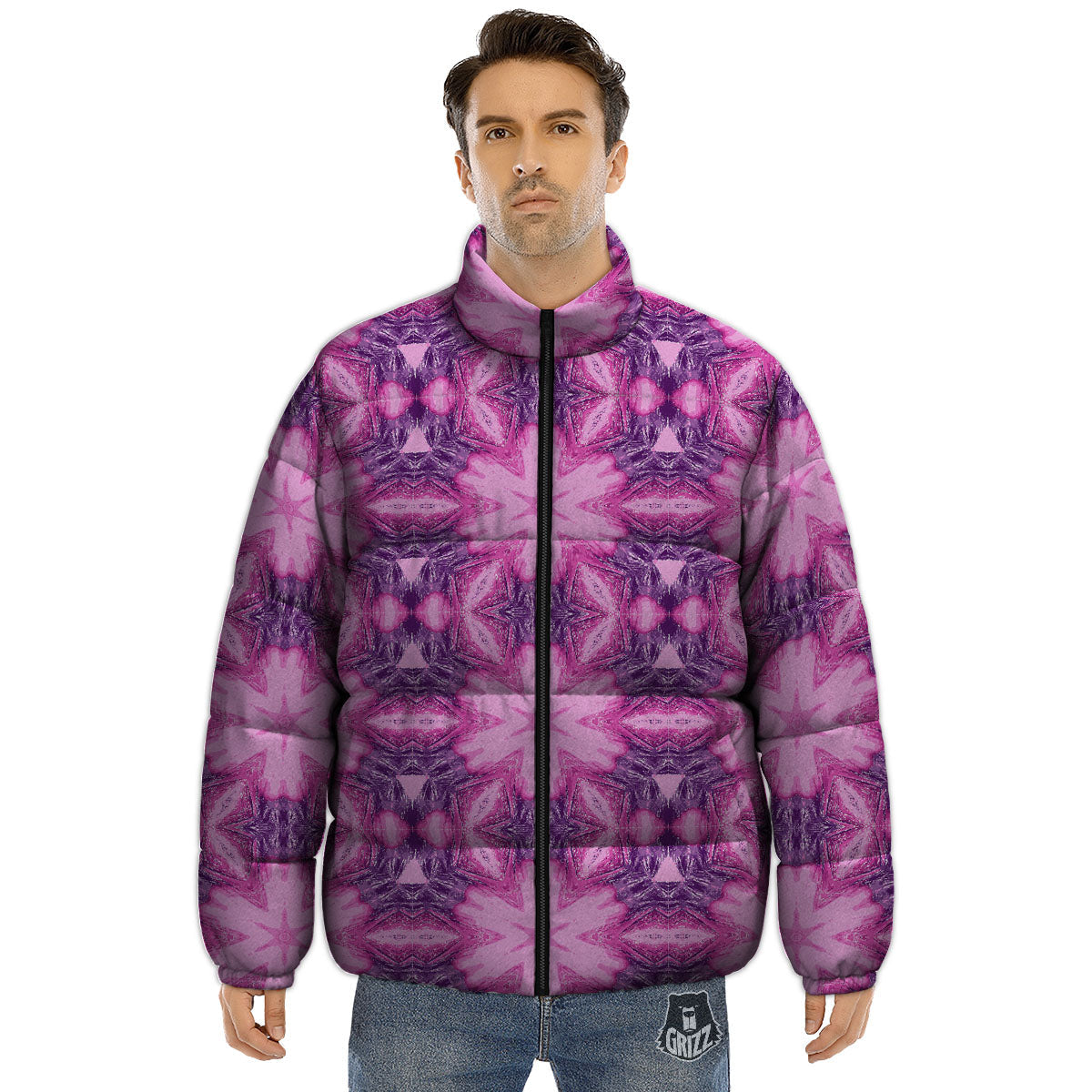 Kaleidoscope Pink Print Pattern Puffer Jacket-grizzshop