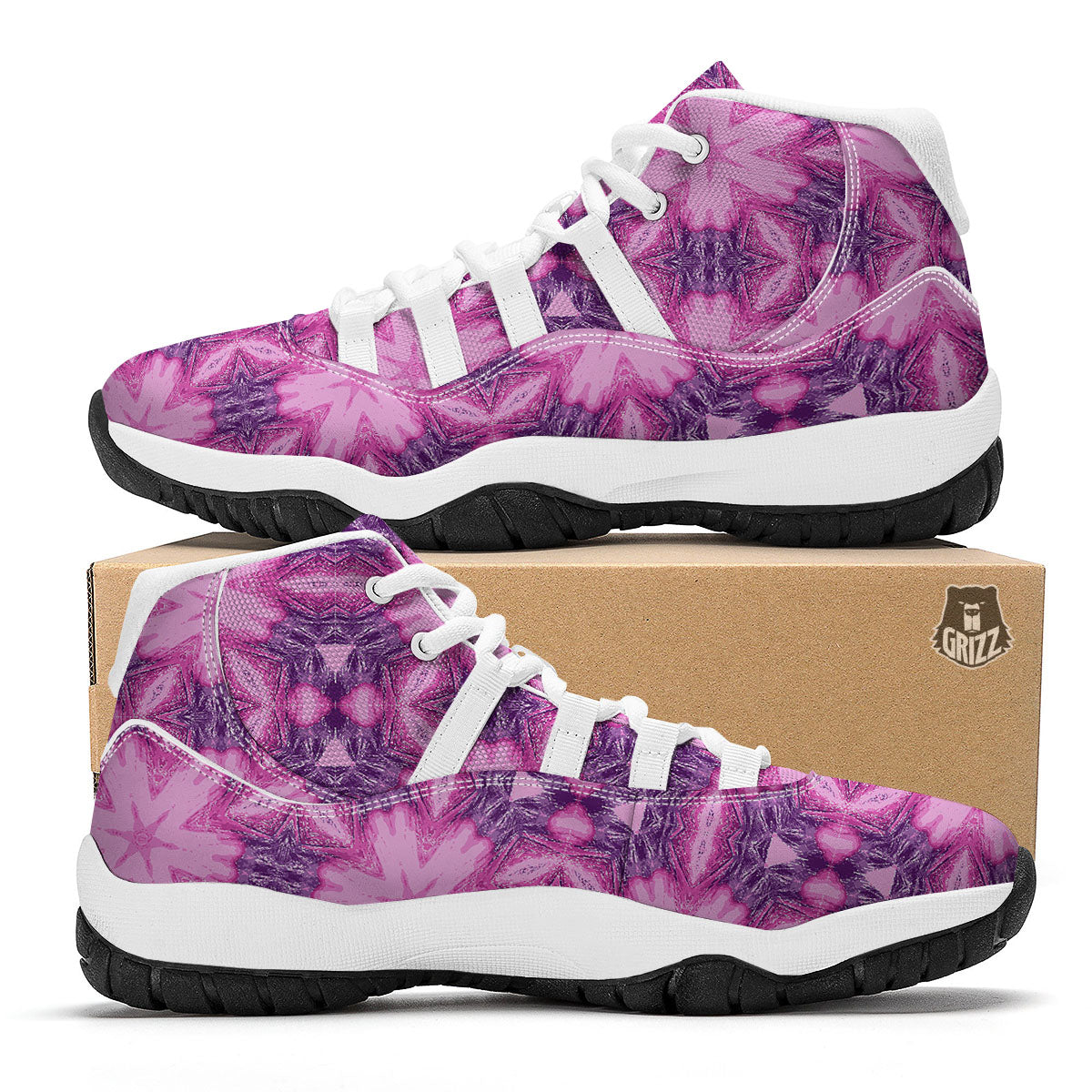 Kaleidoscope Pink Print Pattern White Bball Shoes-grizzshop