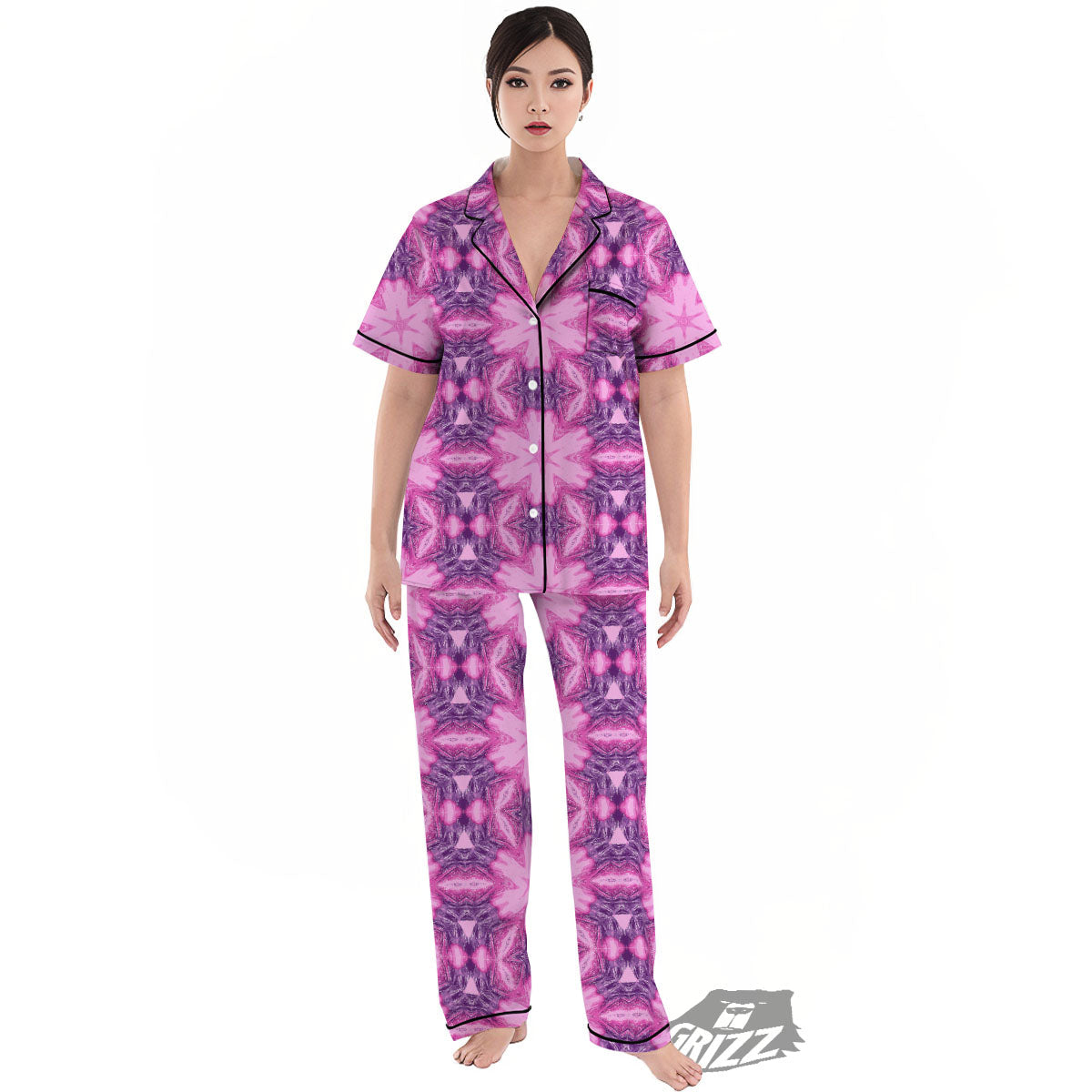 Kaleidoscope Pink Print Pattern Women's Pajamas Set-grizzshop