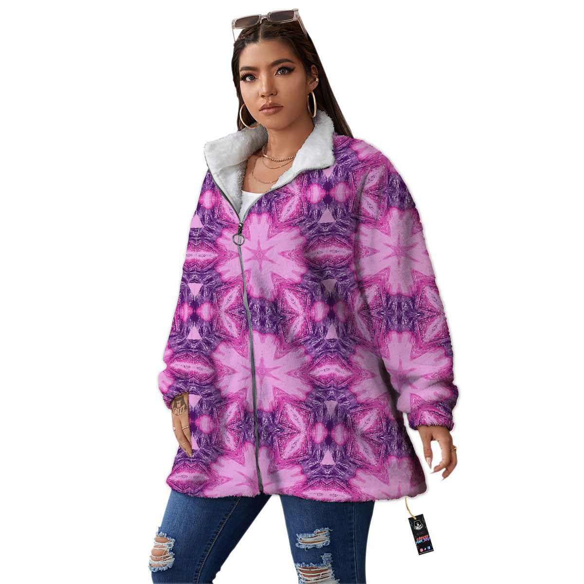 Kaleidoscope Pink Print Pattern Women's Sherpa Jacket-grizzshop