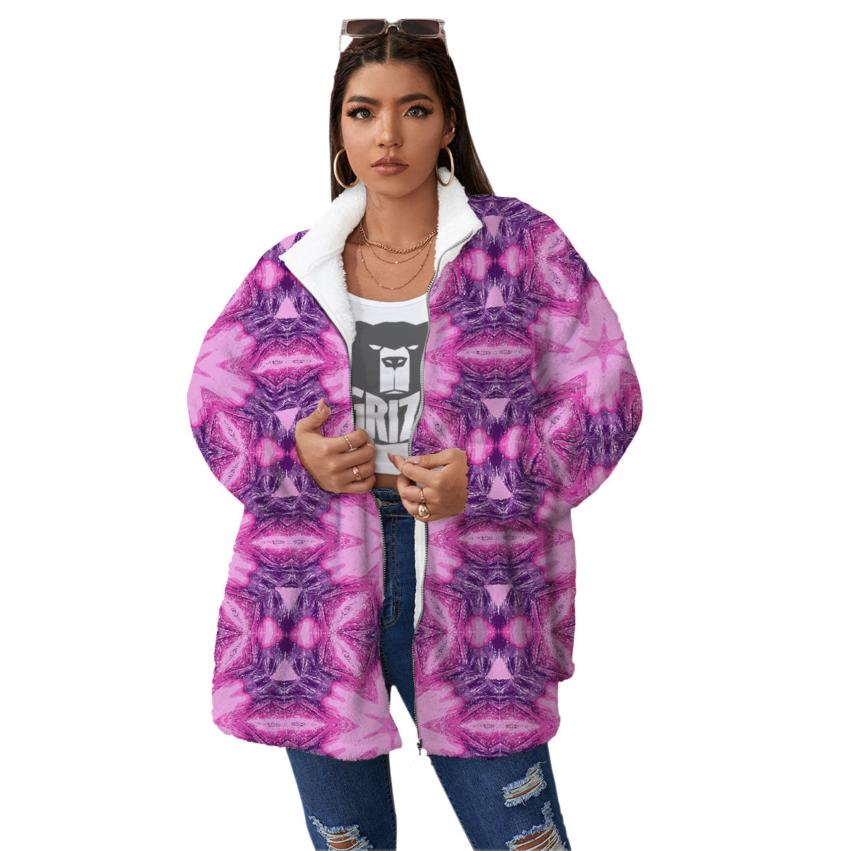 Kaleidoscope Pink Print Pattern Women's Sherpa Jacket-grizzshop