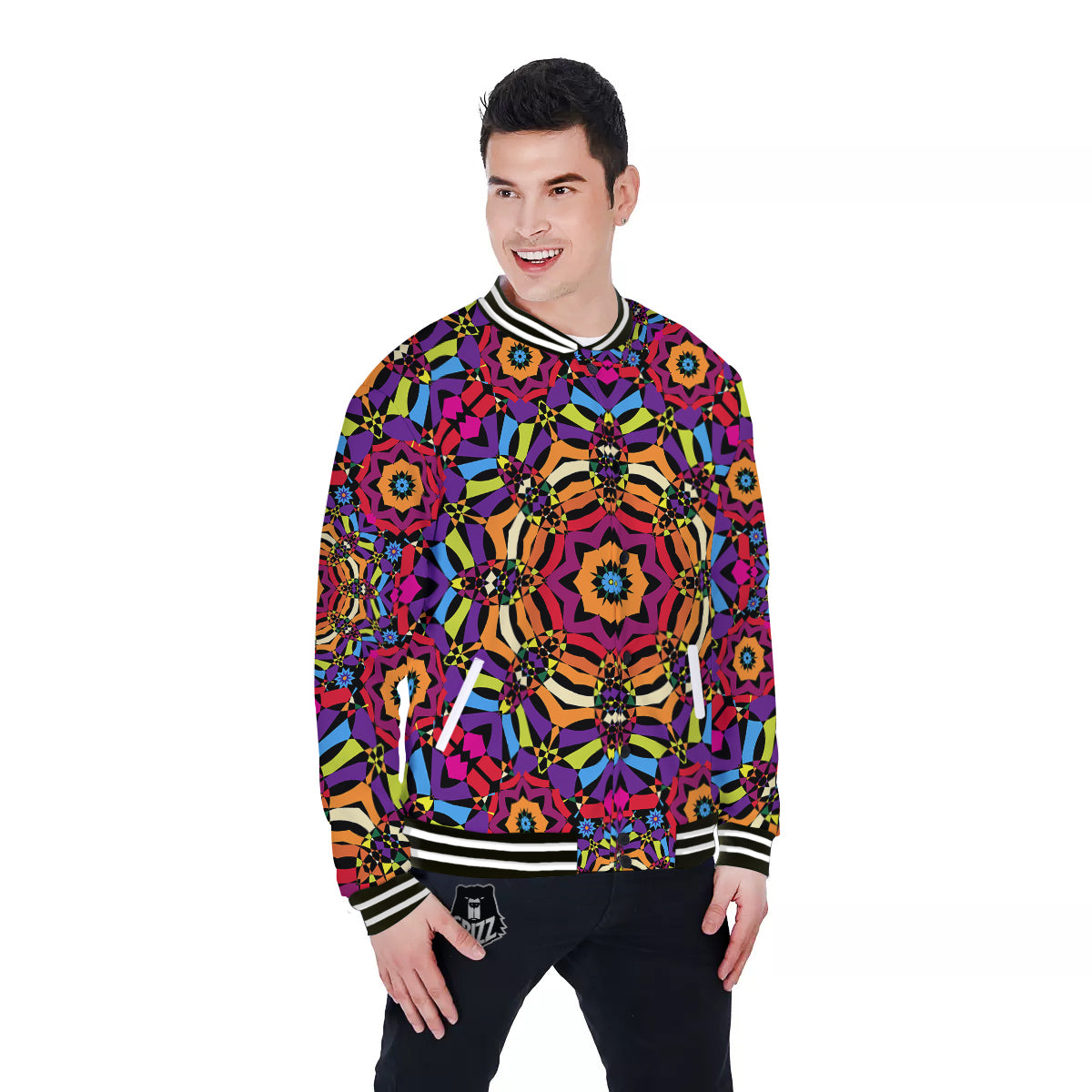 Kaleidoscope Psychedelic Colorful Print Baseball Jacket-grizzshop