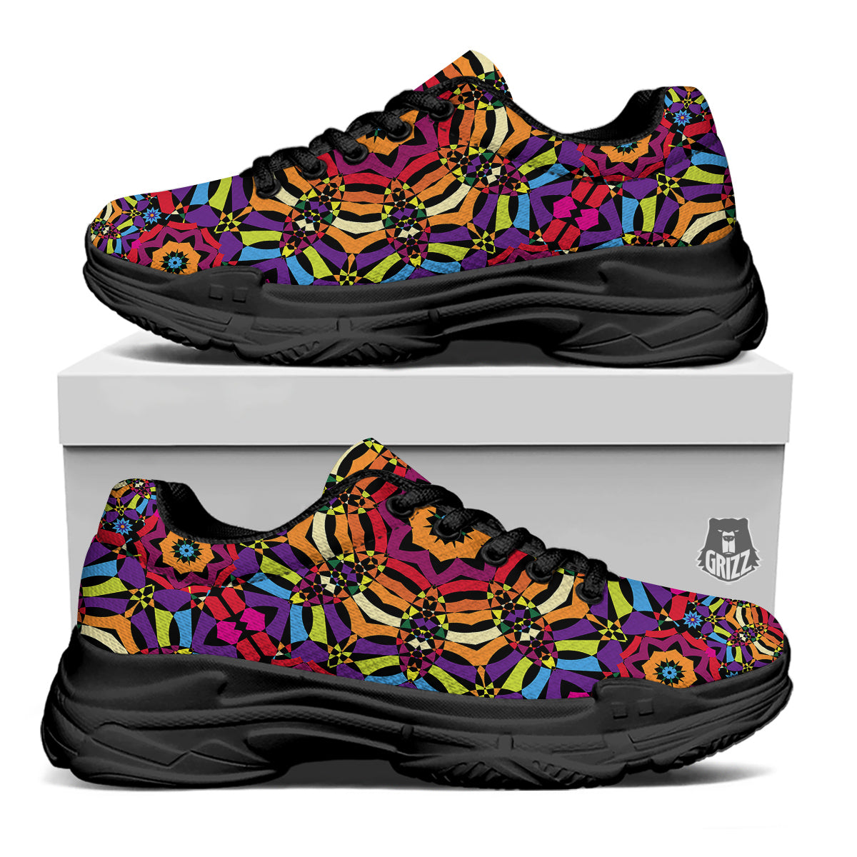Kaleidoscope Psychedelic Colorful Print Black Chunky Shoes-grizzshop